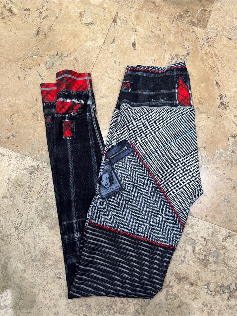Niyama Sol Patchwork Plaid & Houndstooth Leggings with Red Accents